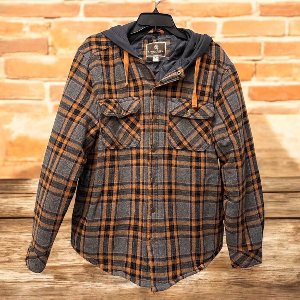 Legendary Whitetails Men's Plaid Hooded Shirt Jacket - Gray and Orange